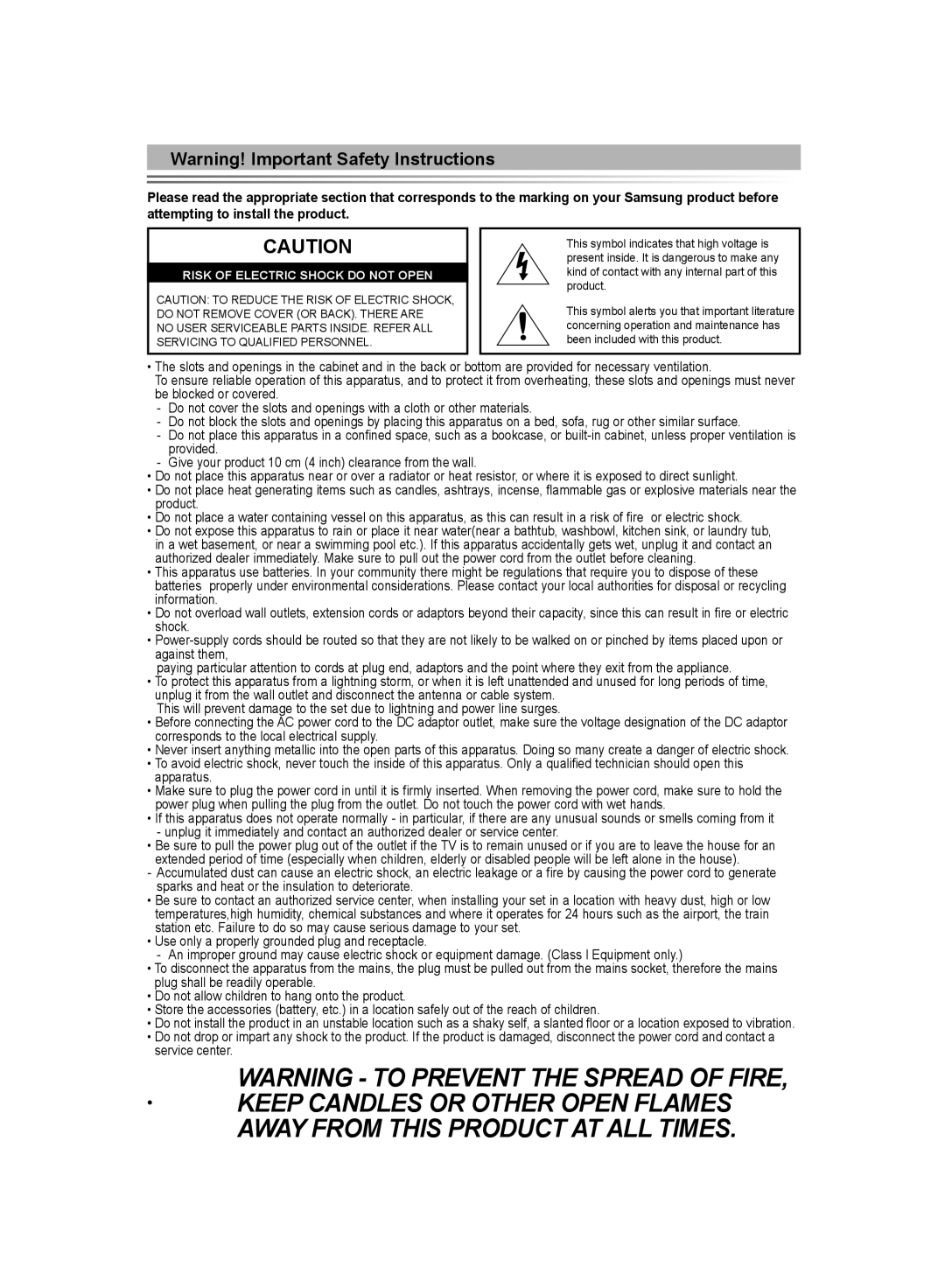 Samsung LE70F9, LE52F9 manual Risk Of Electric Shock Do Not Open 